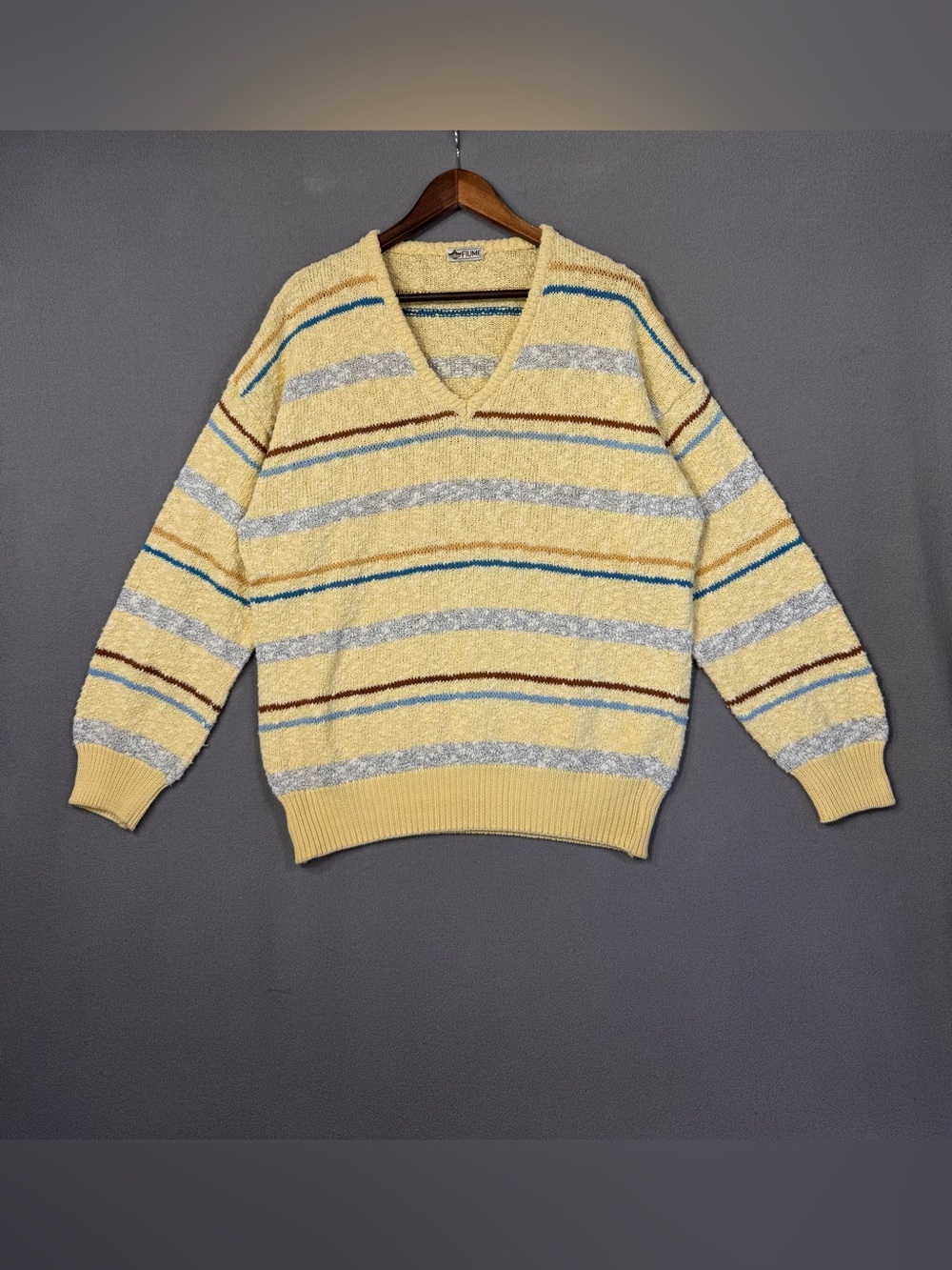 FIUME Vintage 90’s Striped V-Neck Sweater, Pale Butter Yellow, Made in Italy, L